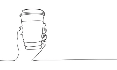 Coffee take away one line continuous. Coffee in hand line art. Hand drawn vector art.
