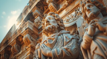 Obraz premium The ornate facade of a church with detailed carvings and statues, the stonework depicting saints and biblical scenes, sunlight highlighting the intricate designs,