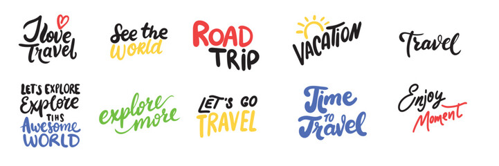 Collection of travel phrases text lettering. Hand drawn vector art.