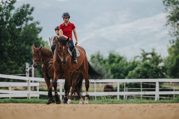 Two equestrians riding horses at a training facility on a sunny day. The scene features lush greenery and a mountainous backdrop.