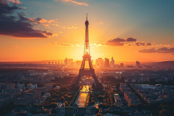 Obraz premium An aerial view of the Eiffel Tower in Paris, France, with the setting sun casting a golden glow over the city.
