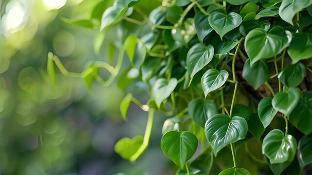 The slender vines and heartshaped leaves of a philodendron plant cascading from a hanging basket.