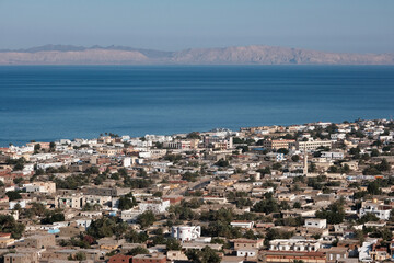 Dahab and Gulf of Aqaba of Red Sea on sunny spring day, Egypt.