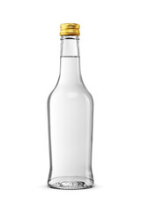 Full glass bottle of hard alcoholic beverage with gold cap isolated. Transparent PNG image.