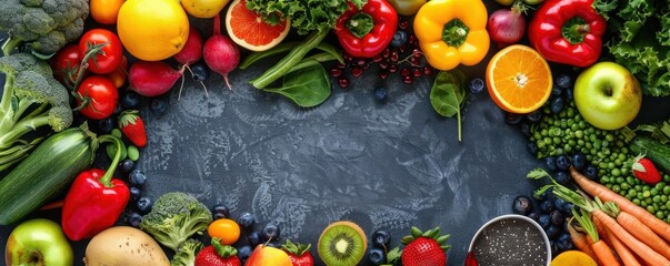 Assorted fresh fruits and vegetables with a macros and vitamins chart, bright lighting, Nutritious meal concept