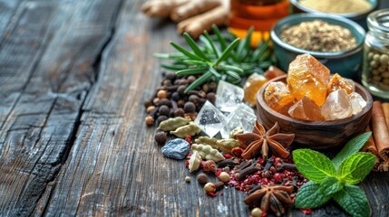 Natural mineral crystals with seasonal herbs and spices on a wooden table, close-up, Holistic health concept