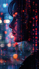 Fototapeta premium technology abstract background, data, close up, focus on, intense colors, Double exposure silhouette with data