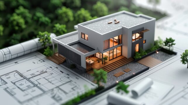 Modern house with terrace and blueprints around design
