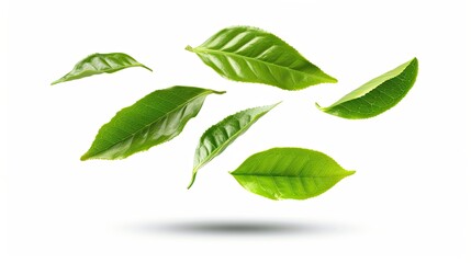 Fototapeta premium A white background with green tea leaves floating and swirling in the air
