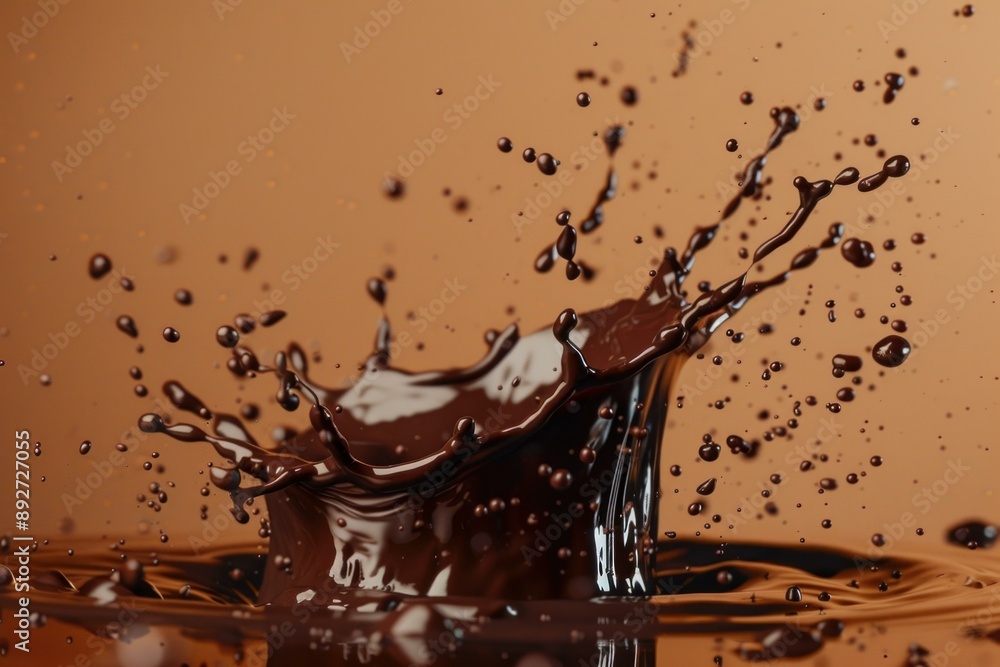 Poster dynamic closeup high speed photography of chocolate splashing and creating liquid droplets, capturin