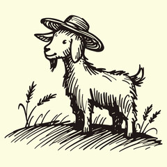 cute goat on a hill wearing hat vintage sketch