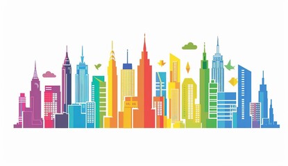 Obraz premium Cute Colorful Cartoon City Skyline Vector Illustration with Simple Flat Design, White Background, and Colorful Buildings