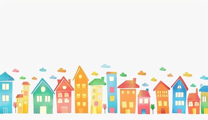 Cute Colorful Cartoon City Skyline Vector Illustration with Simple Flat Design, White Background, and Colorful Buildings