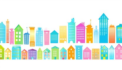 Fototapeta premium Cute Colorful Cartoon City Skyline Vector Illustration with Simple Flat Design, White Background, and Colorful Buildings