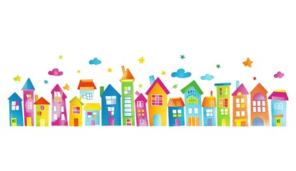 Cute Colorful Cartoon City Skyline Vector Illustration with Simple Flat Design, White Background, and Colorful Buildings