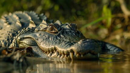 Fototapeta premium Close-up of a crocodile lounging by the edge of a murky river