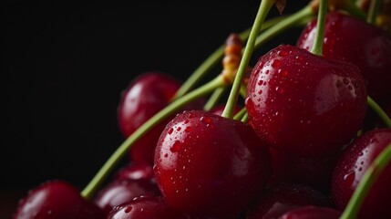 Close-up of ripe cherries against a black background, highlighting their rich color and texture