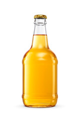 Full glass bottle of yellow lager beer with a gold cap isolated. Transparent PNG image.