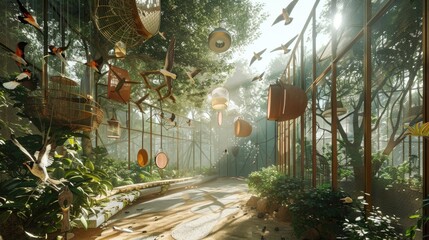 Futuristic bird aviary with smart feeders and interactive play areas. 