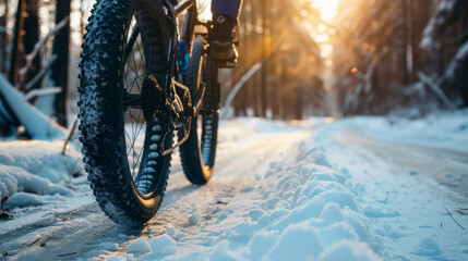 Close up of a winter bike with black wheels riding on a snowy road in a forest in the style of sunset light