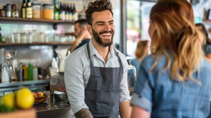 Barista laughing with a customer in a modern café