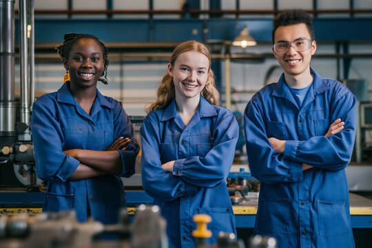 A group of three smiling, diverse workers in blue overalls standing arms crossed and looking at the camera with an industrial background