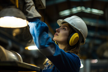 Female worker in blue overalls and white helmet with yellow ear muffs raises her hand up to articulate something while working at the factory