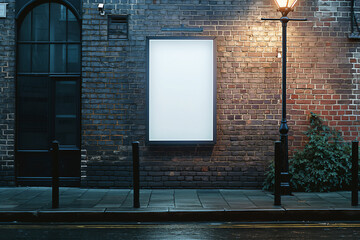 Blank white vertical poster mock up on side of brick building with lamp post and sidewalk, copy space