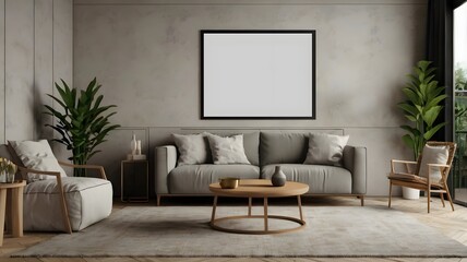 Frame mockup, ISO A paper size. Living room wall poster mockup. Interior mockup with house background.