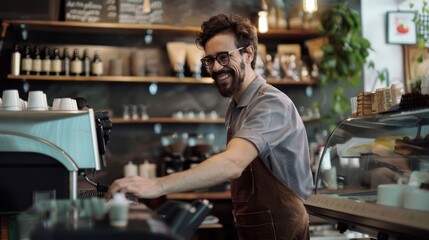 Fototapeta premium Smiling barista in cozy coffee shop serves fresh brew.
