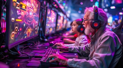 Western elderly man and his granddaughter playing video games in a stylish gaming room at night significant empty space around the edges Stock Photo with copy space