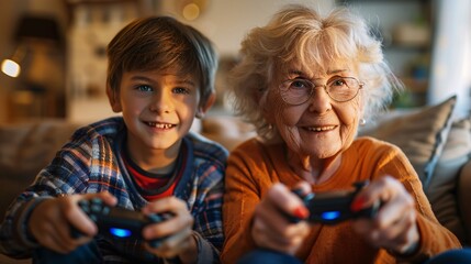 Western elderly woman and her grandson enjoying a video game in a bright living room during the day significant empty space around the edges Stock Photo with copy space