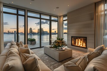 A cozy living room featuring plush sofas and a modern fireplace, overlooking a tranquil waterfront through floor-to-ceiling windows. The room is adorned 