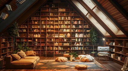 A luxurious attic loft with a modern library, elegant shelving, and cozy reading nooks, captured by an HD camera. Stunning, crisp, vivid, detailed, high-contrast, colorful, 