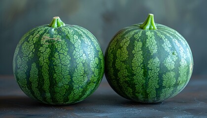 Two ripe watermelons placed on a wooden table.
