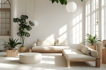 A minimalist living room with a Scandinavian design, featuring light wood furniture, white walls, green plants, and large windows letting in natural light.