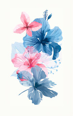 Watercolor Art in Pink and Blue Tropical Flowers. Generative AI. 