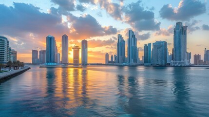 Fototapeta premium Sunset over modern cityscape with high-rise buildings.