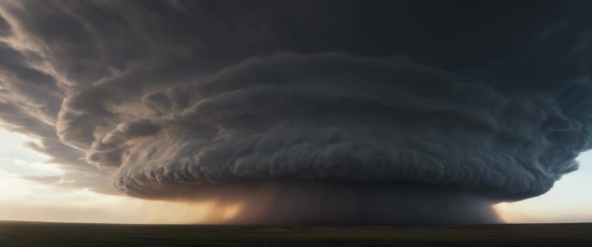 Dramatic sky with cyclone super-cell storm persistently rotating updraft clouds rainy weather timelapse