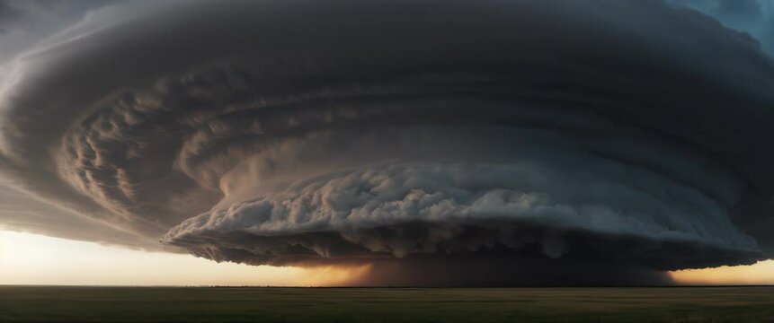 Dramatic sky with cyclone super-cell storm persistently rotating updraft clouds rainy weather timelapse