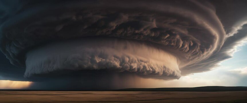 Dramatic sky with cyclone super-cell storm persistently rotating updraft clouds rainy weather timelapse
