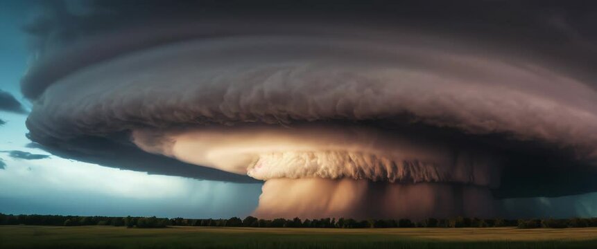 Dramatic sky with cyclone super-cell storm persistently rotating updraft clouds rainy weather timelapse