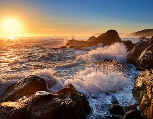 Obraz premium Crashing Waves on a Rocky Shore at Sunrise