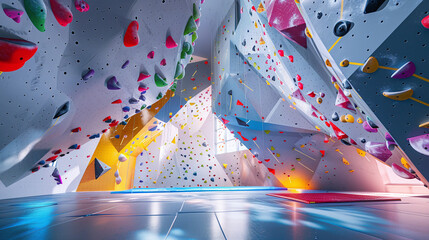 A futuristic indoor bouldering gym - With colorful holds, climbing routes, and futuristic lighting. 