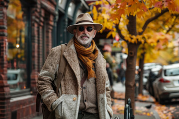 a man in a thick coat and scarf walks along a sunlit city street with fallen leaves and a fresh autumn breeze
