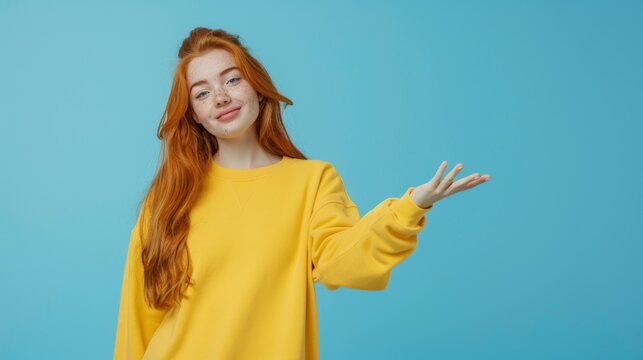A smiling young woman with red hair presents something with her open hand