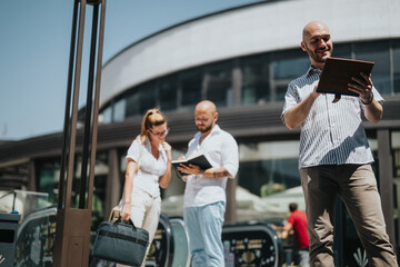 Group of business professionals engaged in a meeting and using technology in a modern urban city environment