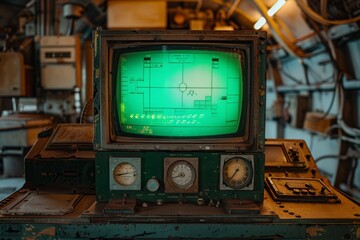 A vintage radar screen with a green glow displays data in an old control room with analog dials and various equipment