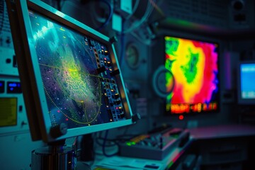A vibrant radar display with a screen showing various colored data readings, possibly nautical or meteorological, in a high-tech control room