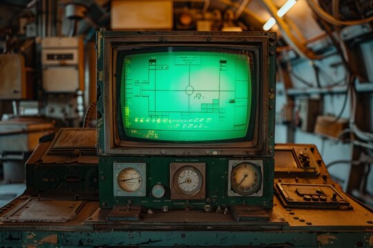 A vintage radar screen with a green glow displays data in an old control room with analog dials and various equipment
